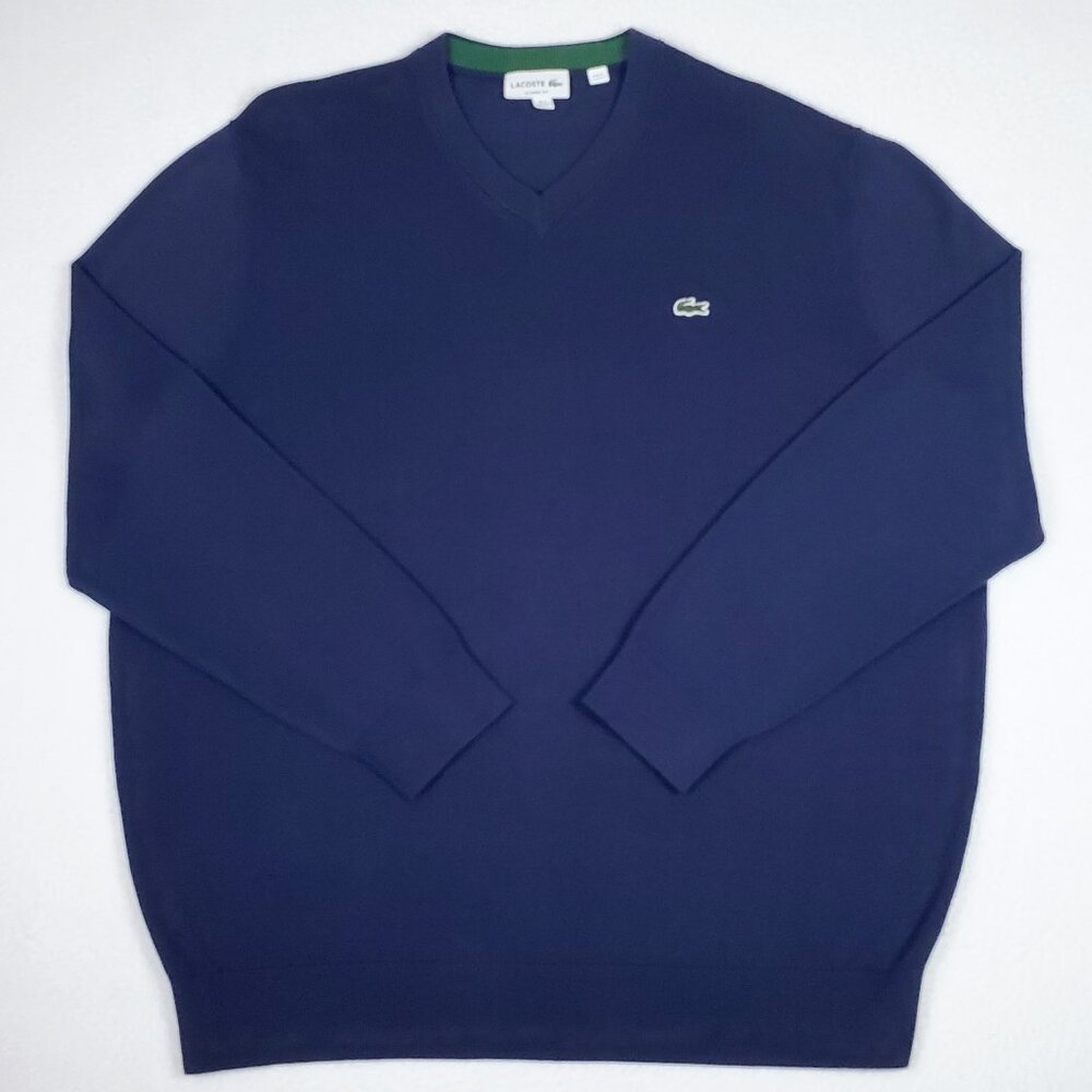 LACOSTE Mens Size 2XL Navy Blue V-Neck Long Sleeve Classic Fit Pullover Sweater